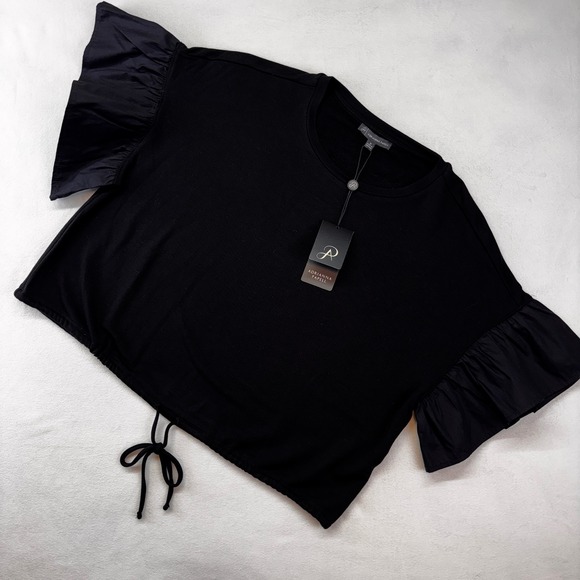 Adrianna Papell Black French‎ Terry  Drawstring Top Ruffle Sleeve - Size M NWT - Picture 2 of 11